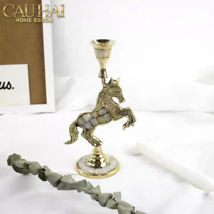 Maison Couture - Đế Nến Ngựa Đồng Khảm Trai Đế Pha Lê Vàng - Mahogany Cheval Majesté Candle Holders 11x21-ĐÈN TRANG TRÍ-CẬU HAI HOME DECOR