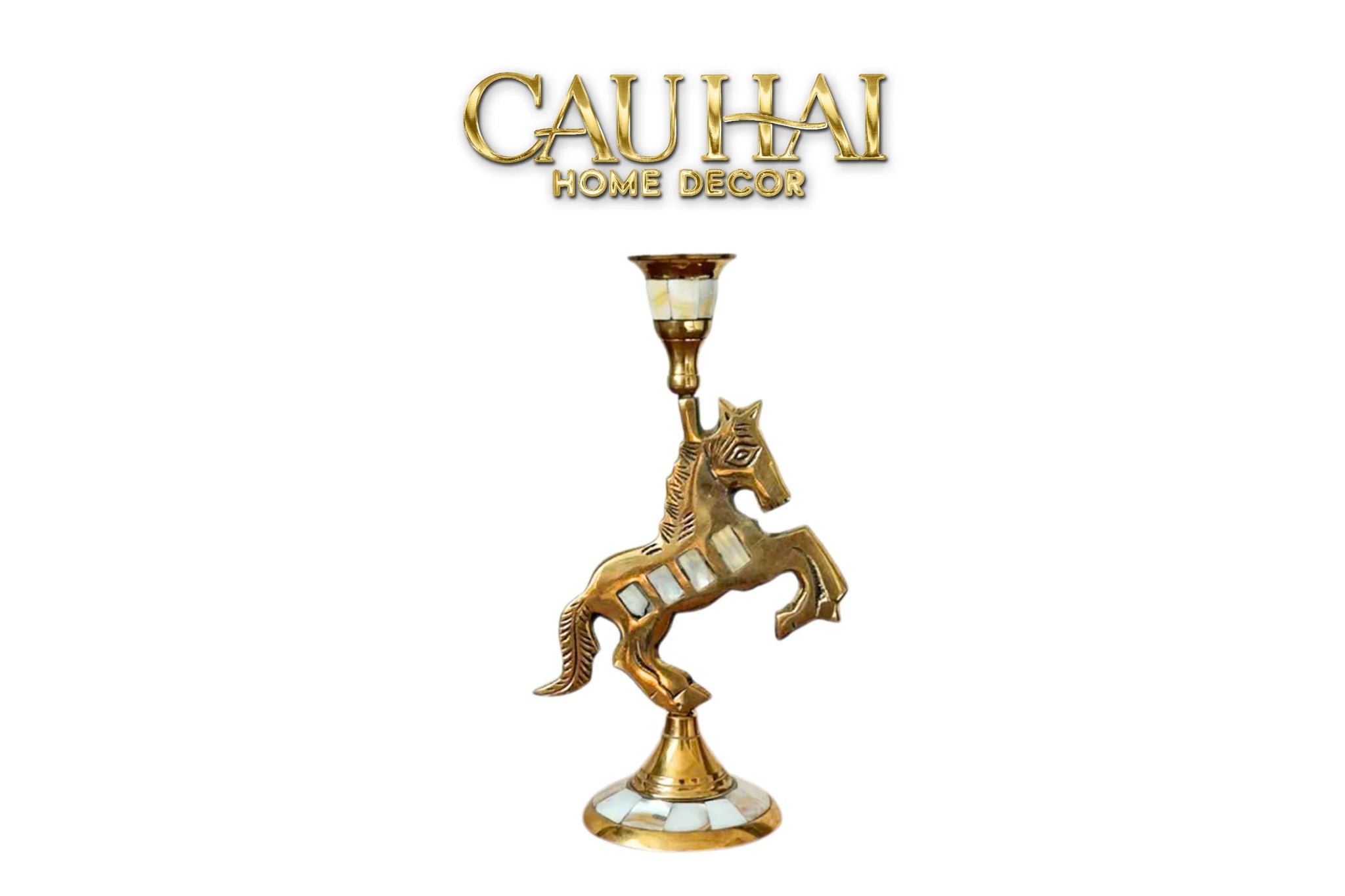 Maison Couture - Đế Nến Ngựa Đồng Khảm Trai Đế Pha Lê Vàng - Mahogany Cheval Majesté Candle Holders 11x21-ĐÈN TRANG TRÍ-CẬU HAI HOME DECOR