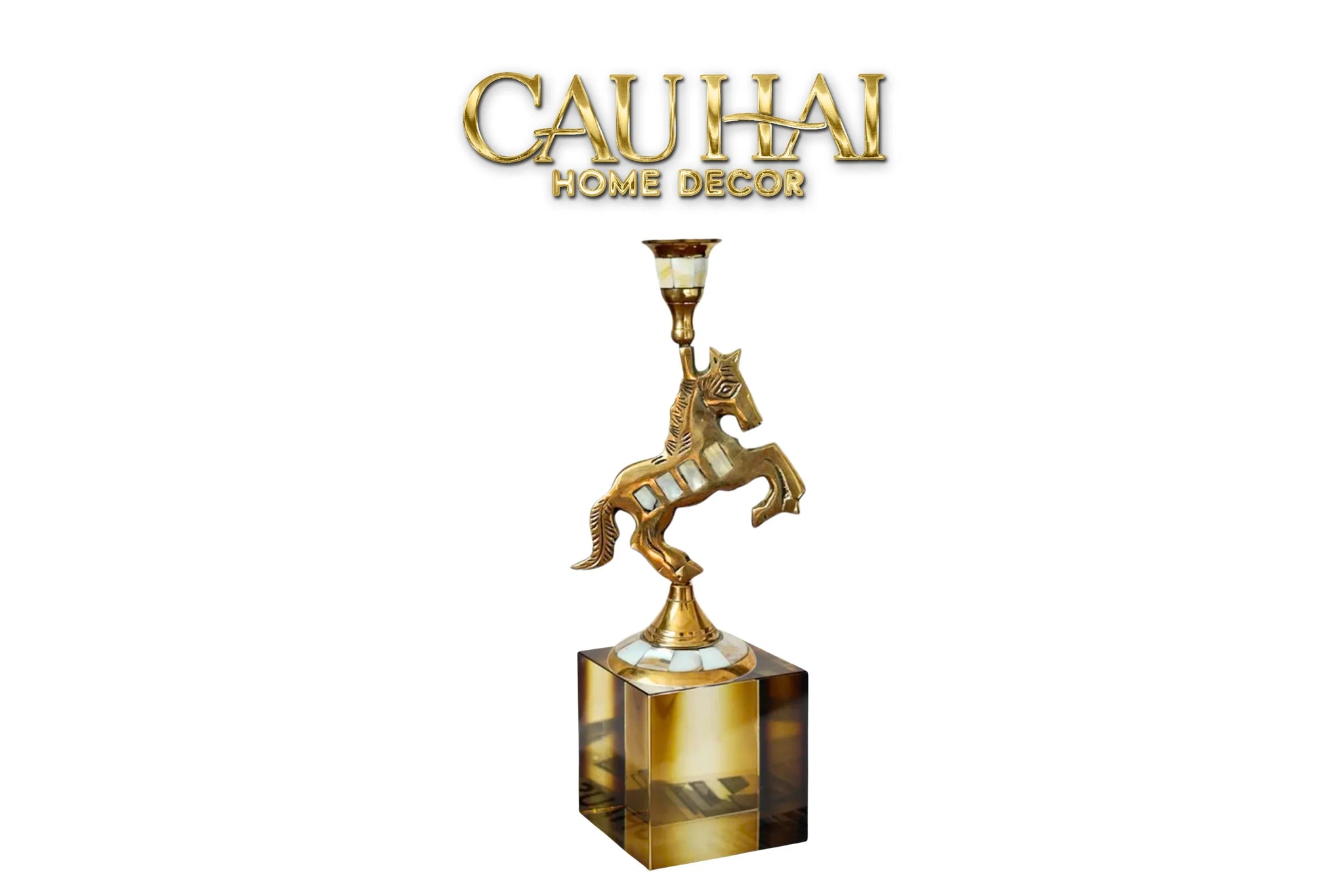 Maison Couture - Đế Nến Ngựa Đồng Khảm Trai Đế Pha Lê Vàng - Mahogany Cheval Majesté Candle Holders 11x21-ĐÈN TRANG TRÍ-CẬU HAI HOME DECOR