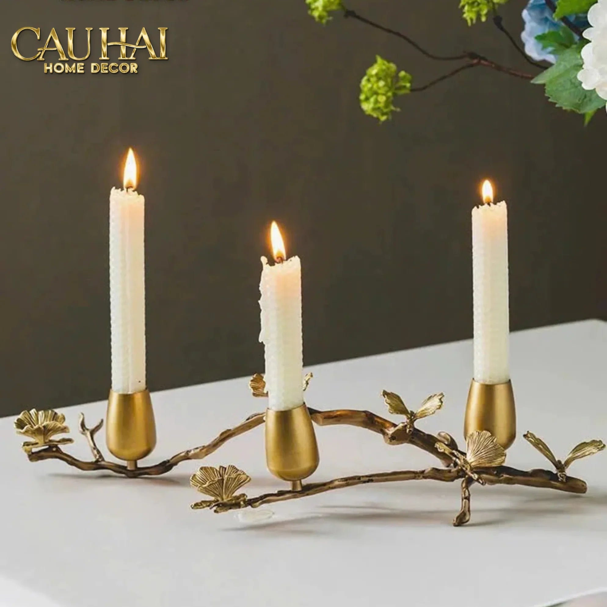 Maison Couture - Đế Nến Trang Trí Đồng Nhánh Olive - Indira Atélier Centerpiece Candle Holders D44x9-ĐẾ NẾN-CẬU HAI HOME DECOR