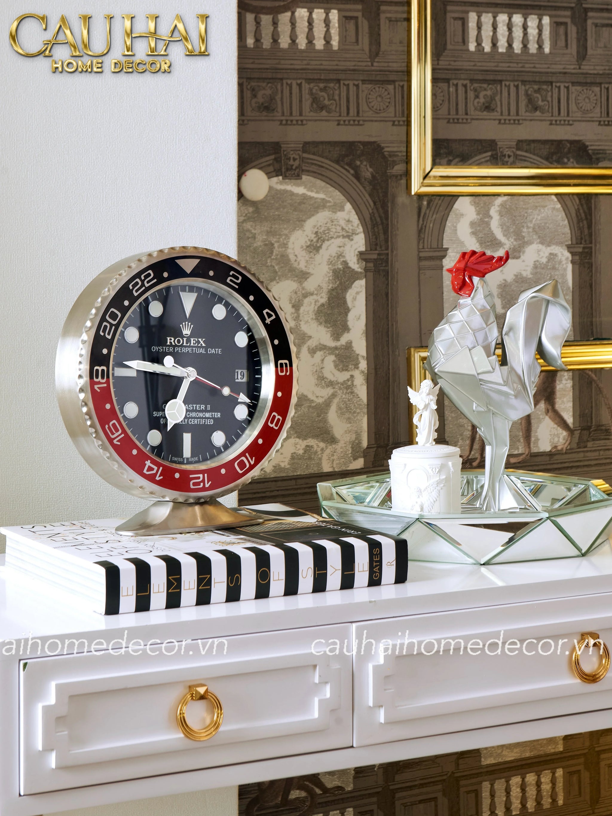Maison Couture - Đồng Hồ Để Bàn Bản Đặc Biệt Timepiece Horloge Argent Rouge Desk Clock 10x16x29-Đồng hồ để bàn-CẬU HAI HOME DECOR