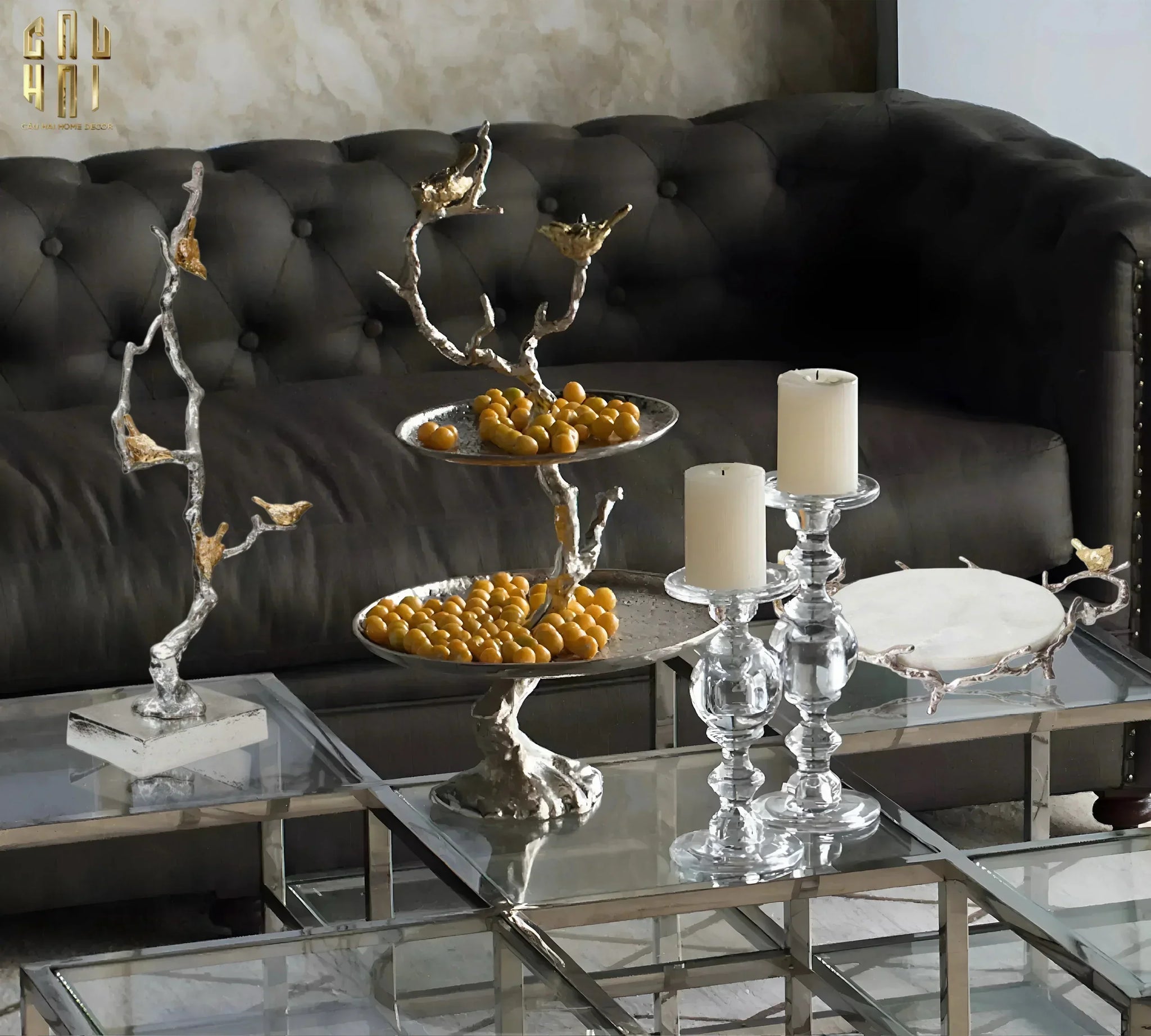Maison Couture Elysian - Đĩa 2 Tầng Platinum Imperium Empire Deux Niveaux Étagère 33x60-Đĩa Trái Cây-CẬU HAI HOME DECOR