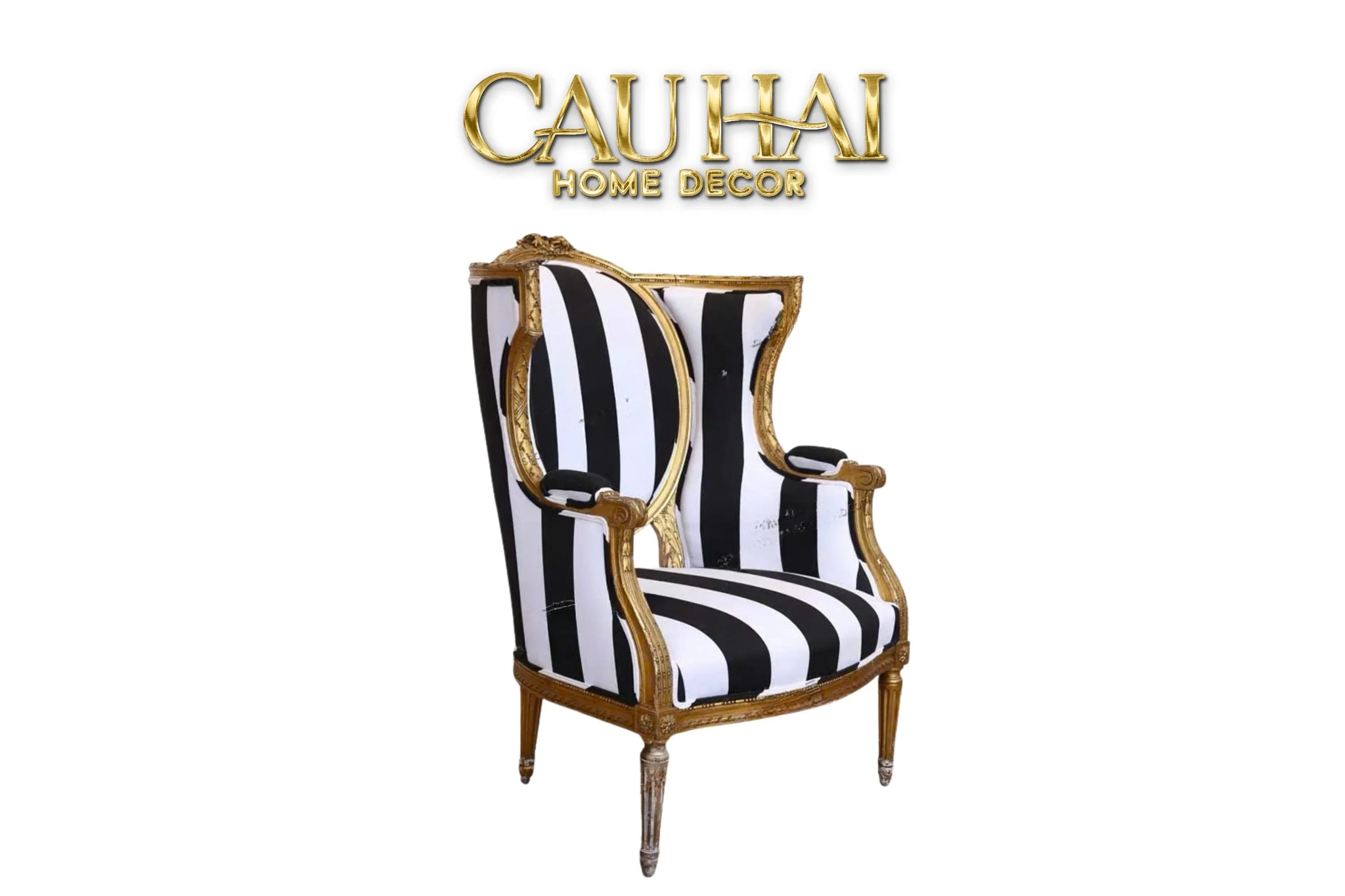 Maison Couture - Ghế Bành Fauteuil Louis XVI Medallion Rayé Bois Doré-NỘI THẤT-CẬU HAI HOME DECOR