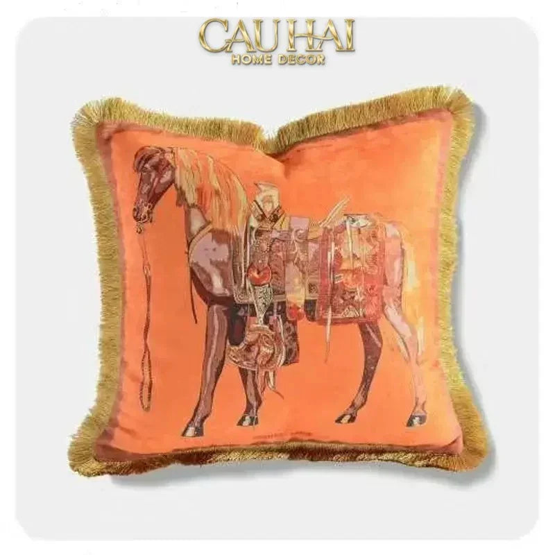 Maison Couture - Gối Nhung Chenille Cao Cấp Signature Orange Cheval Équestre 30x50 Corner Tassel-CẬU HAI HOME DECOR