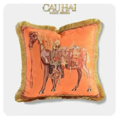 Maison Couture - Gối Nhung Chenille Cao Cấp Signature Orange Cheval Équestre 30x50 Corner Tassel-CẬU HAI HOME DECOR
