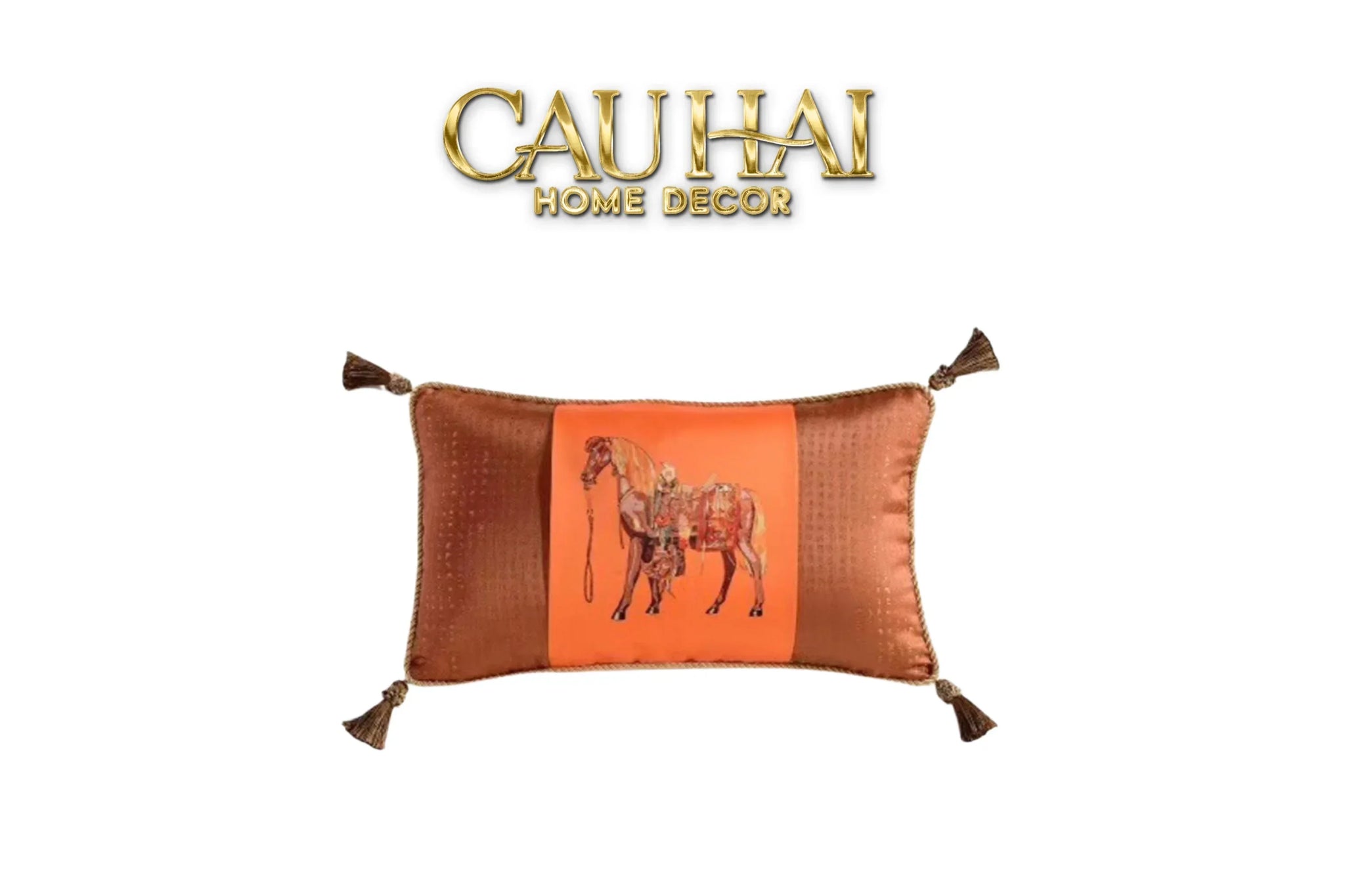 Maison Couture - Gối Nhung Chenille Cao Cấp Signature Orange Cheval Équestre 30x50 Corner Tassel-CẬU HAI HOME DECOR