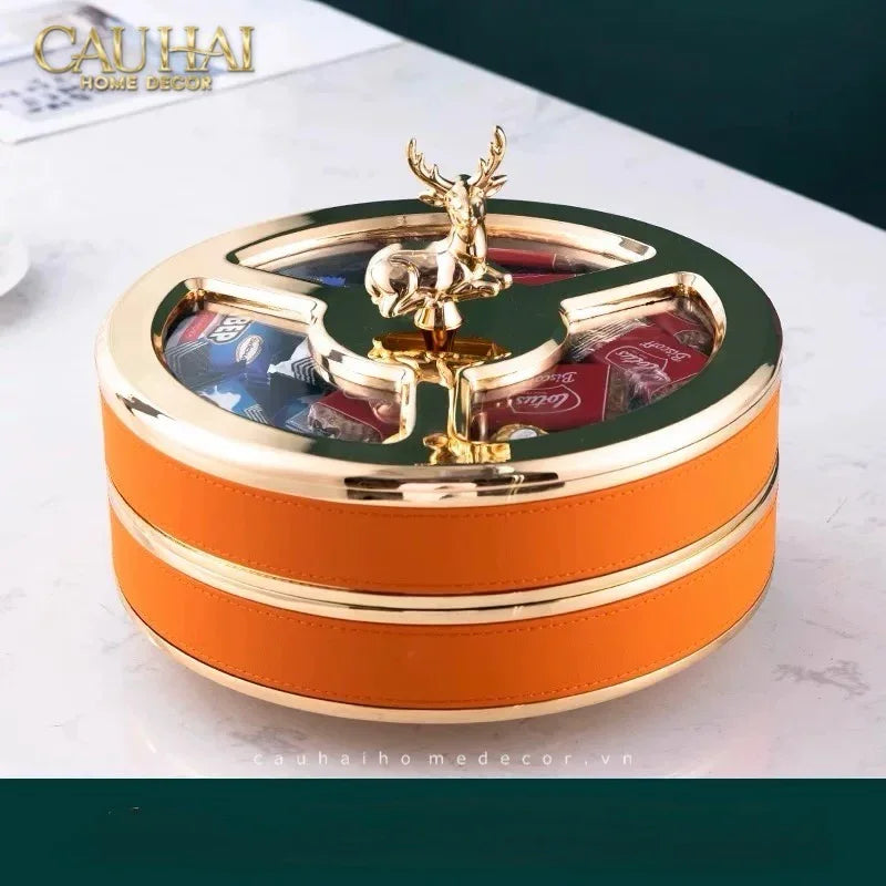 Maison Couture - Hộp Bánh Mứt 2 Tầng Hươu Bản Da Cam Boîte Exquise - Sienna Leather 26x21-Lọ kẹo Canister Bonbonnière-CẬU HAI HOME DECOR