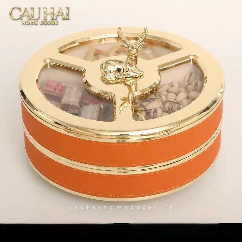 Maison Couture - Hộp Bánh Mứt 2 Tầng Hươu Bản Da Cam Boîte Exquise - Sienna Leather 26x21-Lọ kẹo Canister Bonbonnière-CẬU HAI HOME DECOR