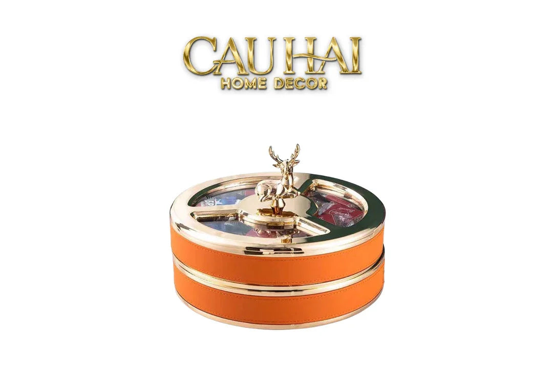 Maison Couture - Hộp Bánh Mứt 2 Tầng Hươu Bản Da Cam Boîte Exquise - Sienna Leather 26x21-Lọ kẹo Canister Bonbonnière-CẬU HAI HOME DECOR