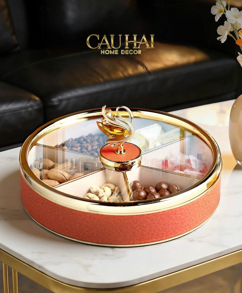 Maison Couture - Hộp Bánh Mứt Bản Da Cam 6 Ngăn - Thiên Nga Pha Lê Critalleries Swan 33.5x20x9-Lọ kẹo Canister Bonbonnière-CẬU HAI HOME DECOR
