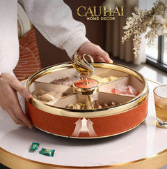 Maison Couture - Hộp Bánh Mứt Bản Da Cam 6 Ngăn - Thiên Nga Pha Lê Critalleries Swan 33.5x20x9-Lọ kẹo Canister Bonbonnière-CẬU HAI HOME DECOR