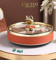 Maison Couture - Hộp Bánh Mứt Bản Da Cam 6 Ngăn - Thiên Nga Pha Lê Critalleries Swan 33.5x20x9-Lọ kẹo Canister Bonbonnière-CẬU HAI HOME DECOR