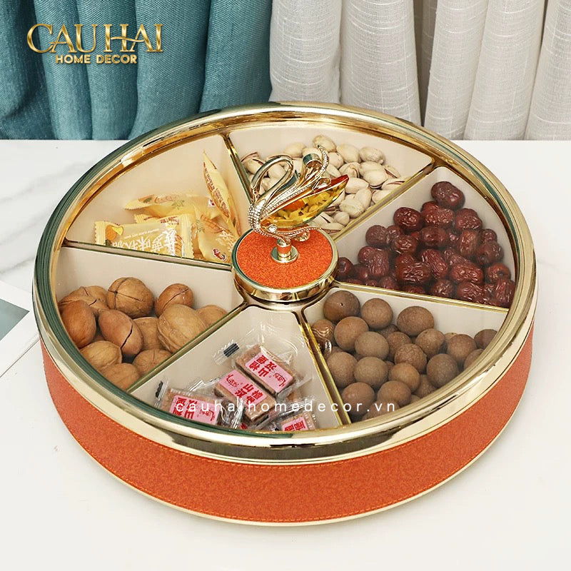 Maison Couture - Hộp Bánh Mứt Bản Da Cam 6 Ngăn - Thiên Nga Pha Lê Critalleries Swan 33.5x20x9-Lọ kẹo Canister Bonbonnière-CẬU HAI HOME DECOR