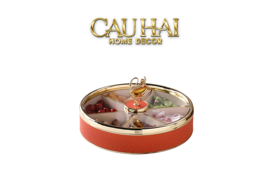 Maison Couture - Hộp Bánh Mứt Bản Da Cam 6 Ngăn - Thiên Nga Pha Lê Critalleries Swan 33.5x20x9-Lọ kẹo Canister Bonbonnière-CẬU HAI HOME DECOR