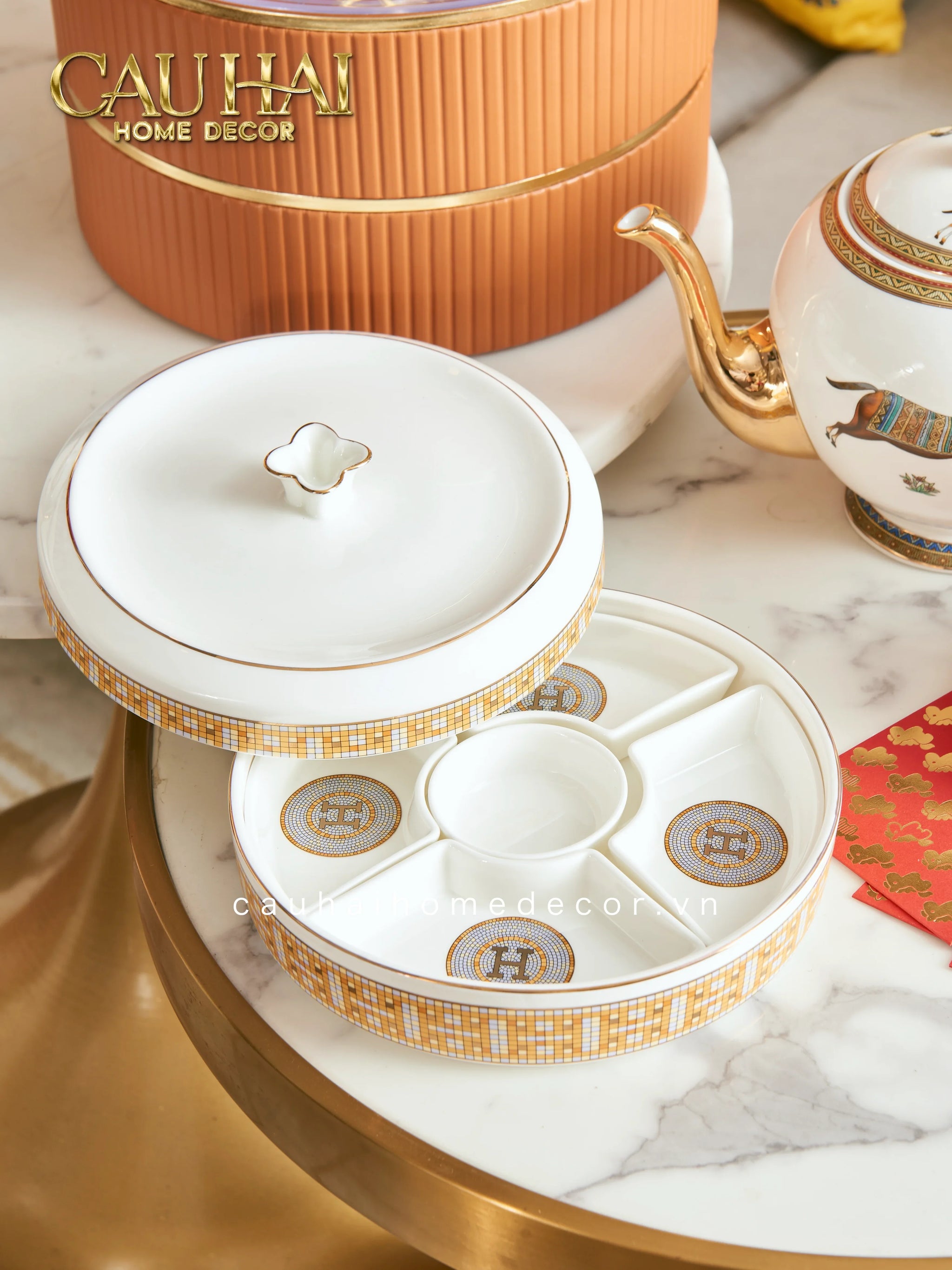 Maison Couture - Hộp Bánh Mứt Helios Mosaïque Signature H-Lọ kẹo Canister Bonbonnière-CẬU HAI HOME DECOR