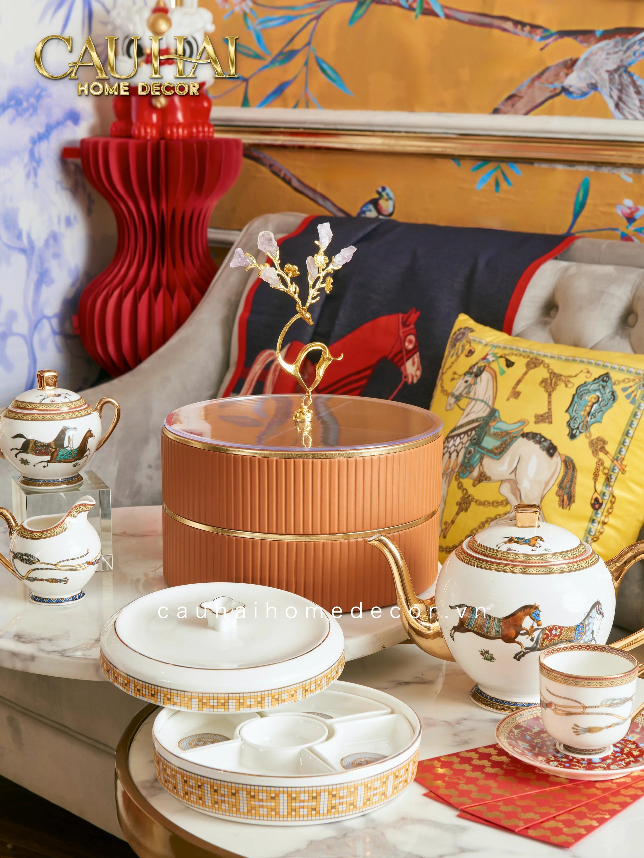 Maison Couture - Hộp Bánh Mứt Helios Mosaïque Signature H-Lọ kẹo Canister Bonbonnière-CẬU HAI HOME DECOR