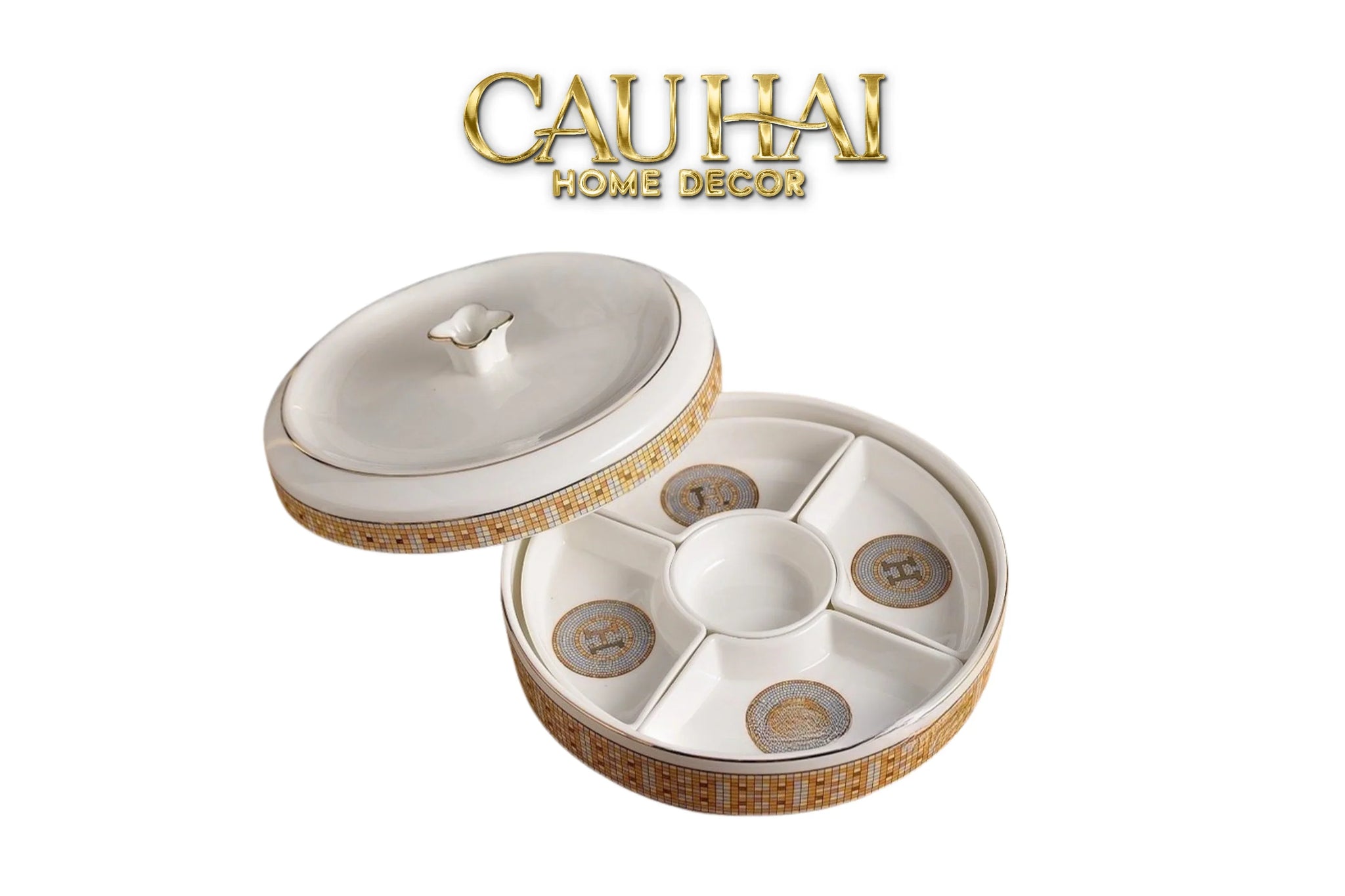 Maison Couture - Hộp Bánh Mứt Helios Mosaïque Signature H-Lọ kẹo Canister Bonbonnière-CẬU HAI HOME DECOR