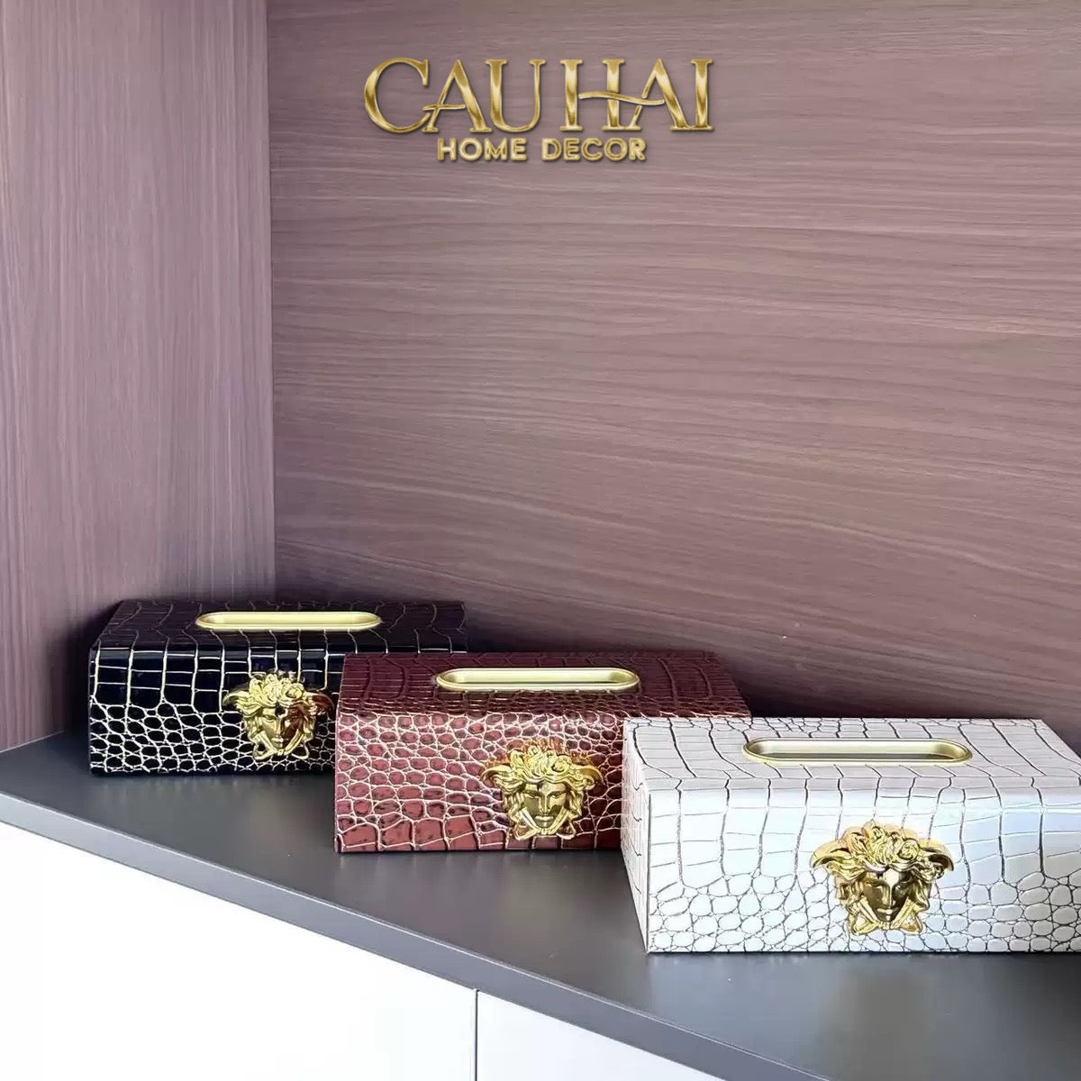 Maison Couture - Hộp Khăn Giấy Da V Class Medusa Croco Glossy Leather 24x13x9-HỘP KHĂN GIẤY-CẬU HAI HOME DECOR