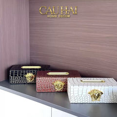 Maison Couture - Hộp Khăn Giấy Da V Class Medusa Croco Glossy Leather 24x13x9-HỘP KHĂN GIẤY-CẬU HAI HOME DECOR
