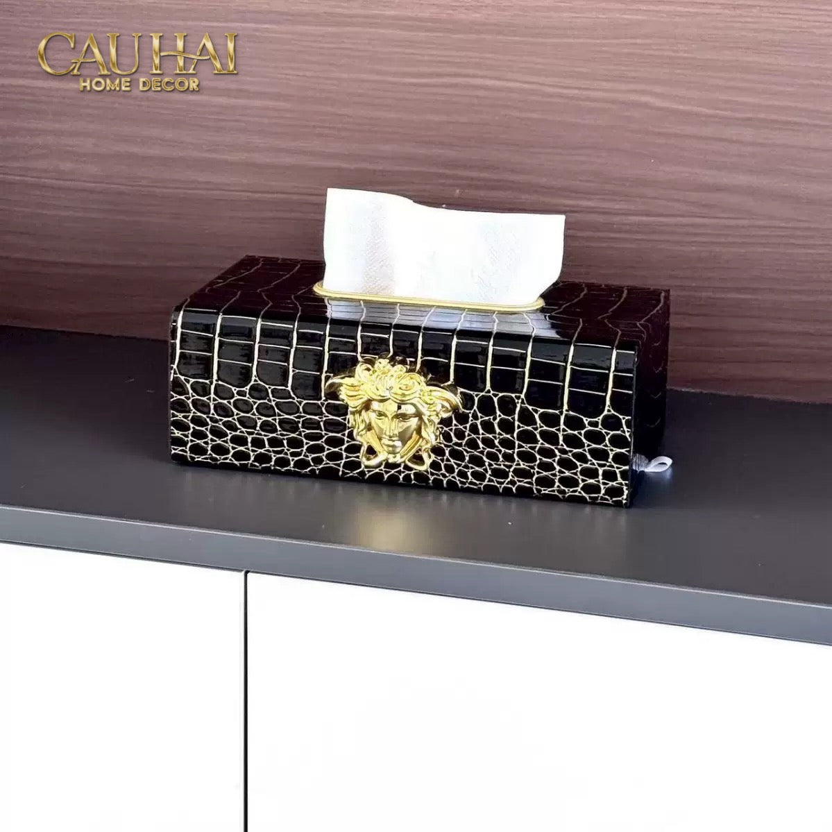 Maison Couture - Hộp Khăn Giấy Da V Class Medusa Croco Glossy Leather 24x13x9-HỘP KHĂN GIẤY-CẬU HAI HOME DECOR