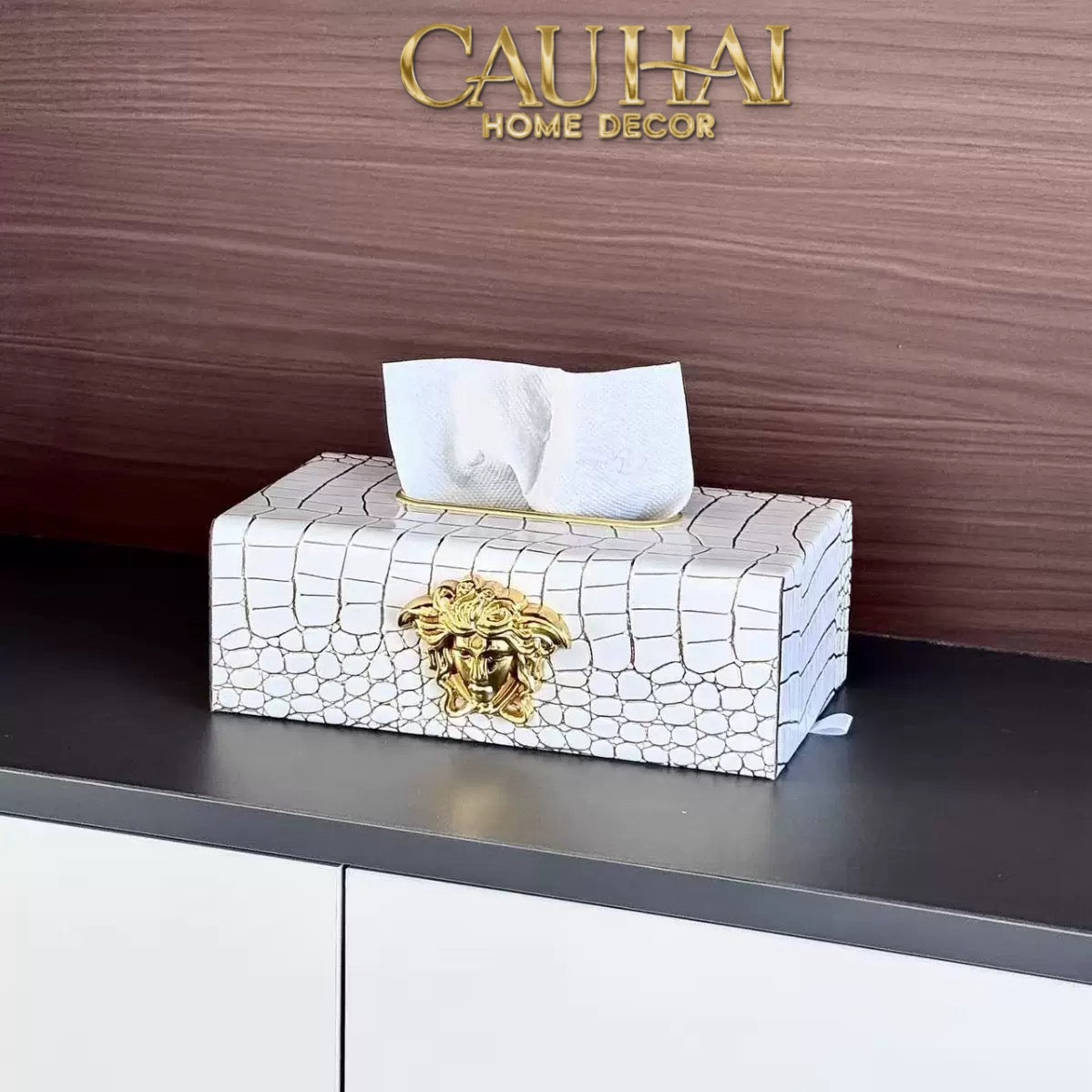 Maison Couture - Hộp Khăn Giấy Da V Class Medusa Croco Glossy Leather 24x13x9-HỘP KHĂN GIẤY-CẬU HAI HOME DECOR