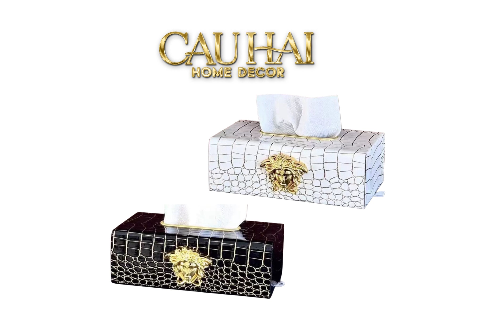 Maison Couture - Hộp Khăn Giấy Da V Class Medusa Croco Glossy Leather 24x13x9-HỘP KHĂN GIẤY-CẬU HAI HOME DECOR