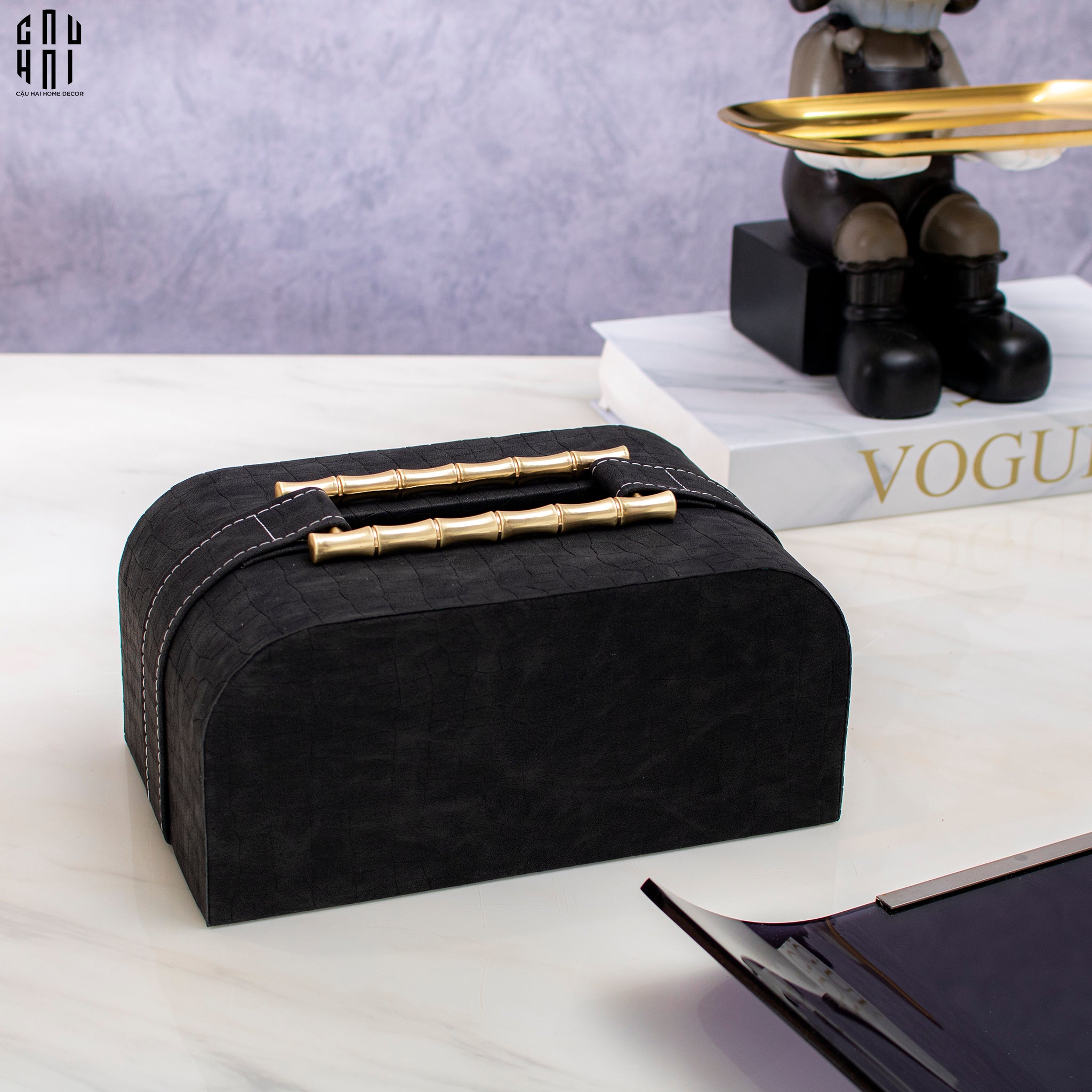 Maison Couture - Hộp Khăn Giấy Gỗ Sồi Bọc Da Cao Cấp Bamboo Signature Saddles - Savoir / Ivoire 22x13-HỘP KHĂN GIẤY-CẬU HAI HOME DECOR