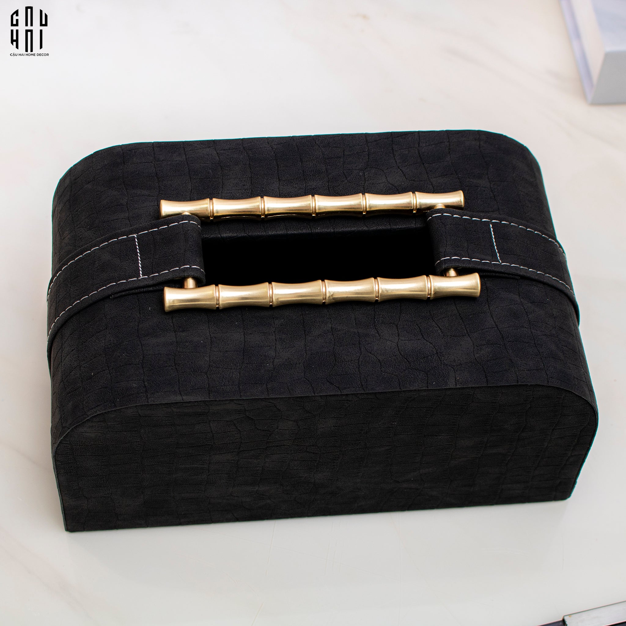 Maison Couture - Hộp Khăn Giấy Gỗ Sồi Bọc Da Cao Cấp Bamboo Signature Saddles - Savoir / Ivoire 22x13-HỘP KHĂN GIẤY-CẬU HAI HOME DECOR