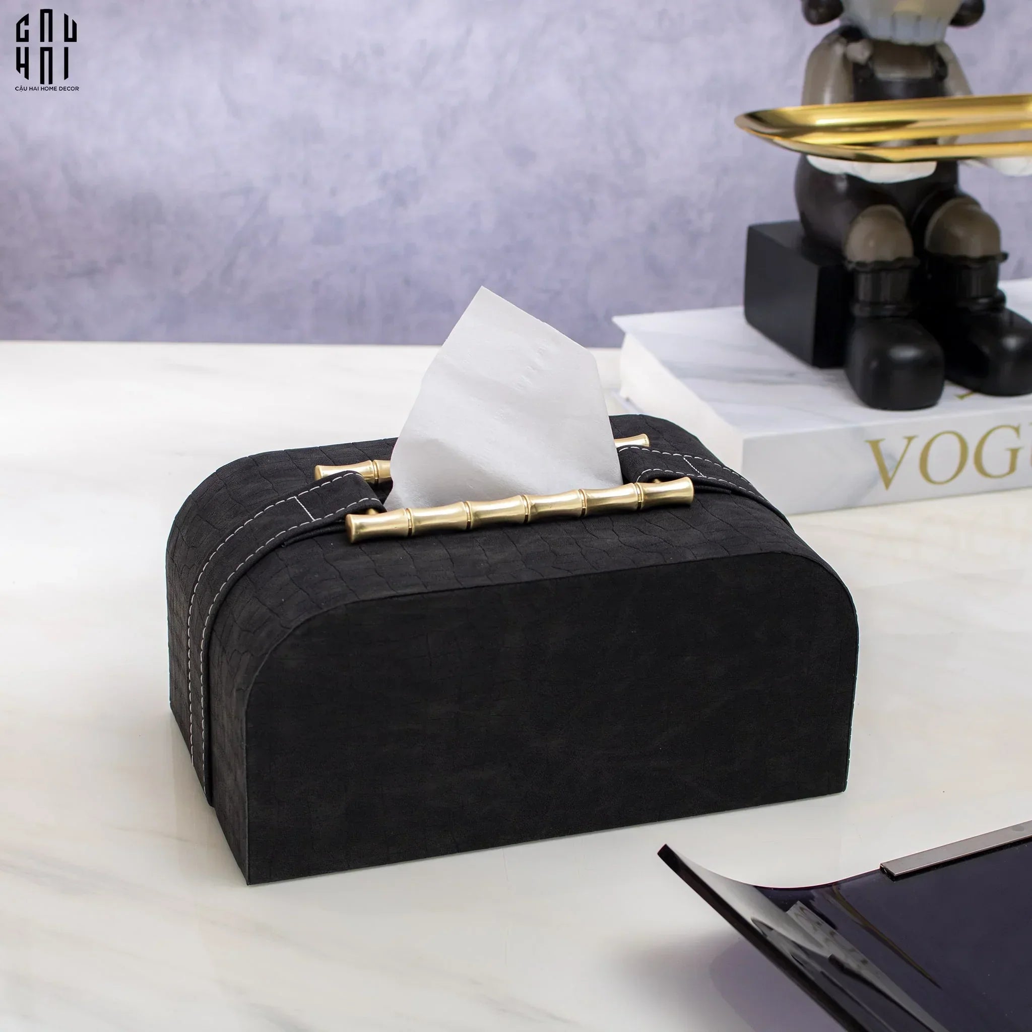 Maison Couture - Hộp Khăn Giấy Gỗ Sồi Bọc Da Cao Cấp Bamboo Signature Saddles - Savoir / Ivoire 22x13-HỘP KHĂN GIẤY-CẬU HAI HOME DECOR