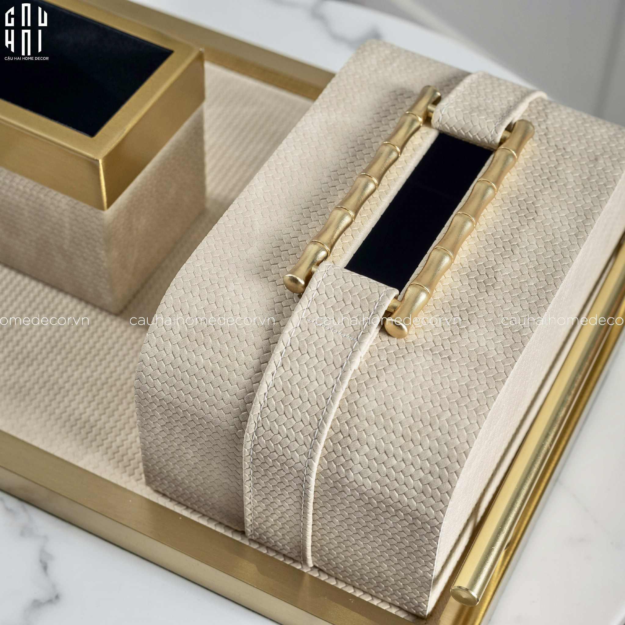 Maison Couture - Hộp Khăn Giấy Gỗ Sồi Bọc Da Cao Cấp Bamboo Signature Saddles - Savoir / Ivoire 22x13-HỘP KHĂN GIẤY-CẬU HAI HOME DECOR