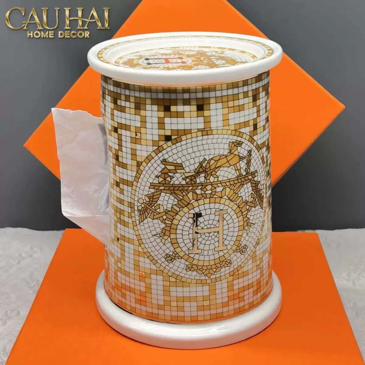 Maison Couture - Hộp Khăn Giấy Gốm Sứ - Mosaic Équestre Porcelain Cylinder-HỘP KHĂN GIẤY-CẬU HAI HOME DECOR