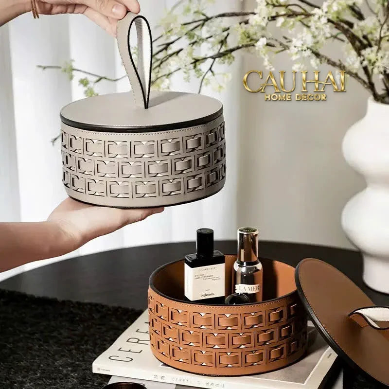 Maison Couture - Hộp Lưu Trữ Boîte à Boîte de Rangement Ronde Cognac D20-HỘP TRANG SỨC-Đối tác tại Trung Quốc theo từng đơn đặt hàng-CẬU HAI HOME DECOR