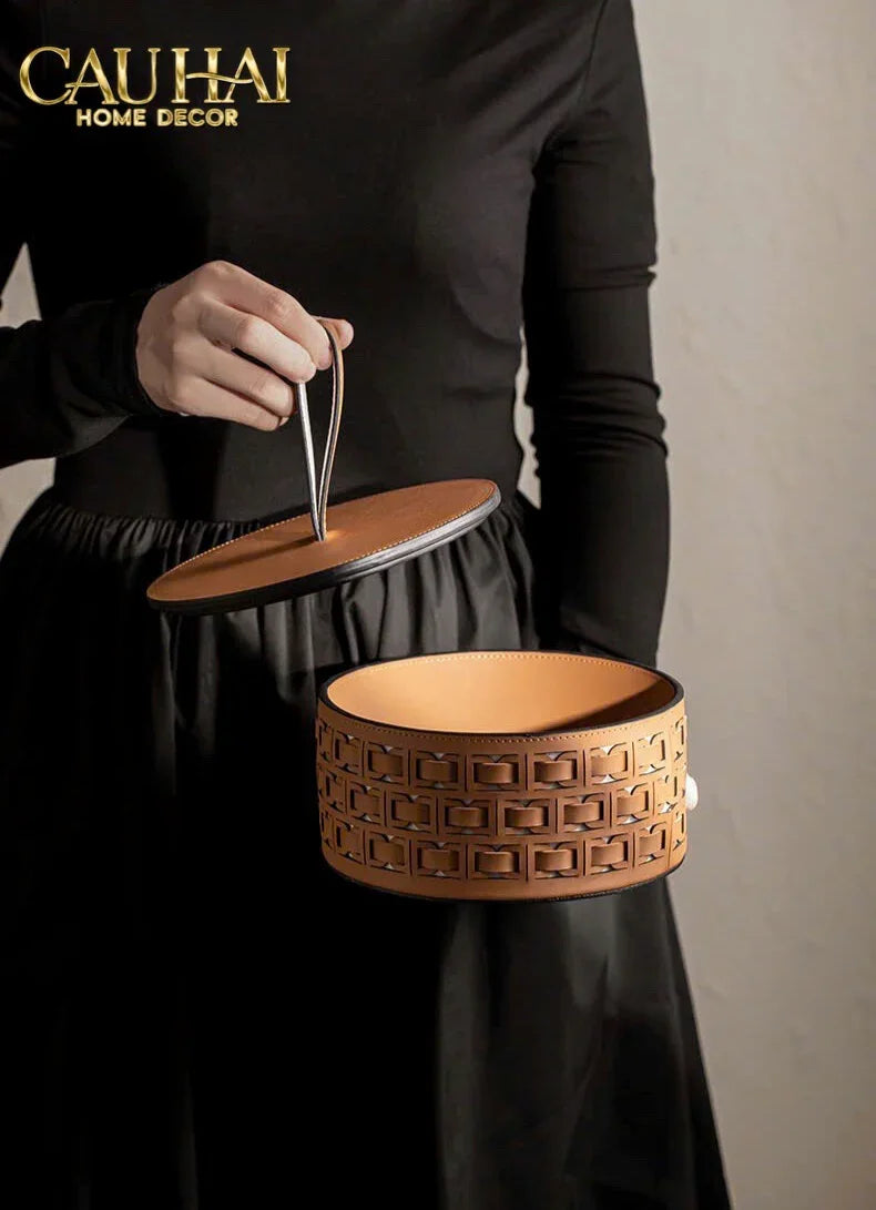 Maison Couture - Hộp Lưu Trữ Boîte à Boîte de Rangement Ronde Cognac D20-HỘP TRANG SỨC-Đối tác tại Trung Quốc theo từng đơn đặt hàng-CẬU HAI HOME DECOR