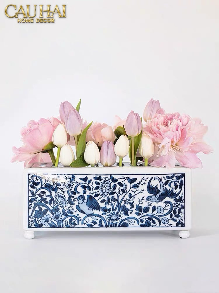 Maison Couture - Khay Bình Hoa Blue Indigo Indochine Héritage Floral Centerpiece Porcelain Trays 29.5 x 11-KHAY TRANG TRÍ-CẬU HAI HOME DECOR
