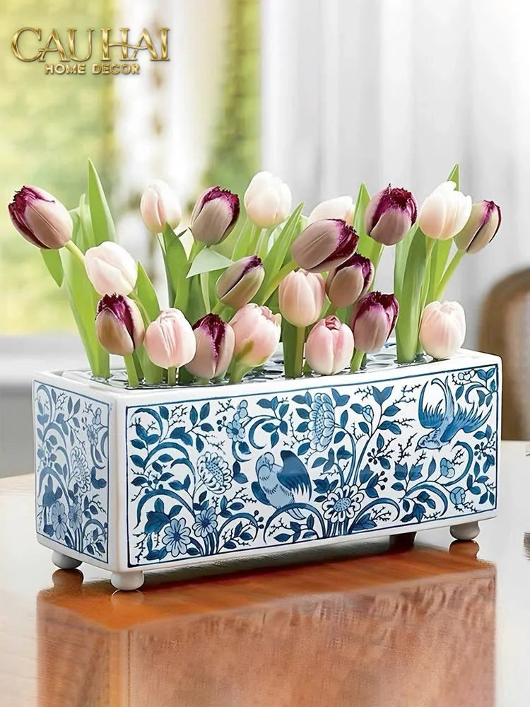 Maison Couture - Khay Bình Hoa Blue Indigo Indochine Héritage Floral Centerpiece Porcelain Trays 29.5 x 11-KHAY TRANG TRÍ-CẬU HAI HOME DECOR