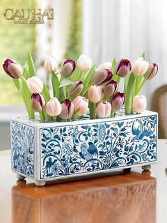 Maison Couture - Khay Bình Hoa Blue Indigo Indochine Héritage Floral Centerpiece Porcelain Trays 29.5 x 11-KHAY TRANG TRÍ-CẬU HAI HOME DECOR