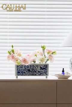 Maison Couture - Khay Bình Hoa Blue Indigo Indochine Héritage Floral Centerpiece Porcelain Trays 29.5 x 11-KHAY TRANG TRÍ-CẬU HAI HOME DECOR