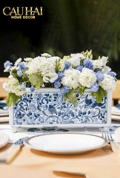 Maison Couture - Khay Bình Hoa Blue Indigo Indochine Héritage Floral Centerpiece Porcelain Trays 29.5 x 11-CẬU HAI HOME DECOR