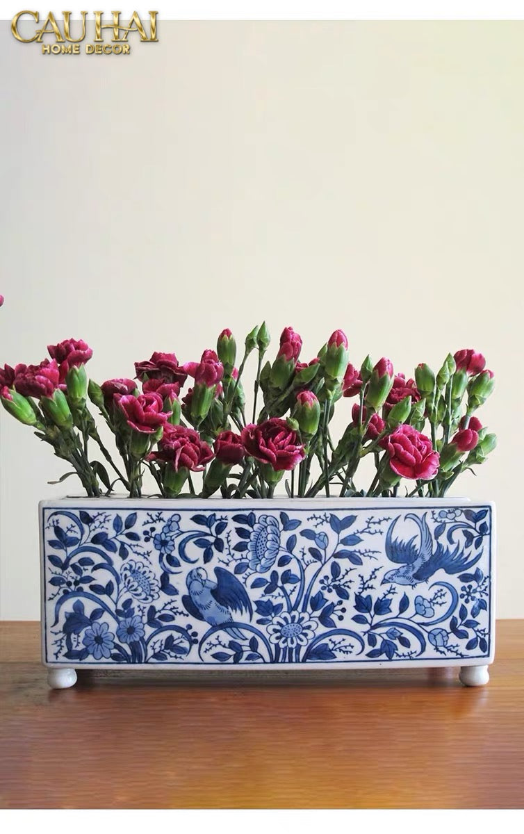 Maison Couture - Khay Bình Hoa Blue Indigo Indochine Héritage Floral Centerpiece Porcelain Trays 29.5 x 11-CẬU HAI HOME DECOR