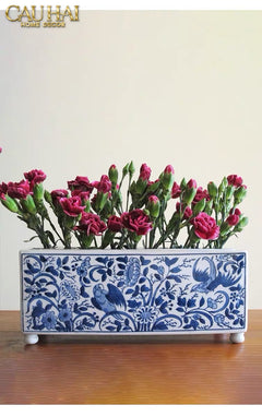 Maison Couture - Khay Bình Hoa Blue Indigo Indochine Héritage Floral Centerpiece Porcelain Trays 29.5 x 11-CẬU HAI HOME DECOR