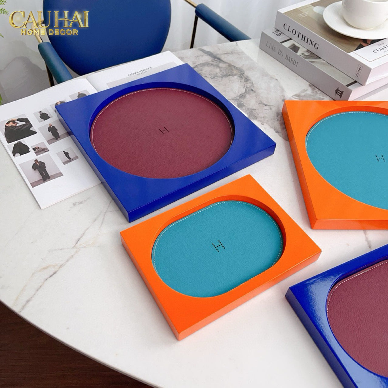 Maison Couture – Khay Chữ Nhật Gỗ Lót Da Équinoxe Cyan Helios-KHAY TRANG TRÍ-CẬU HAI HOME DECOR