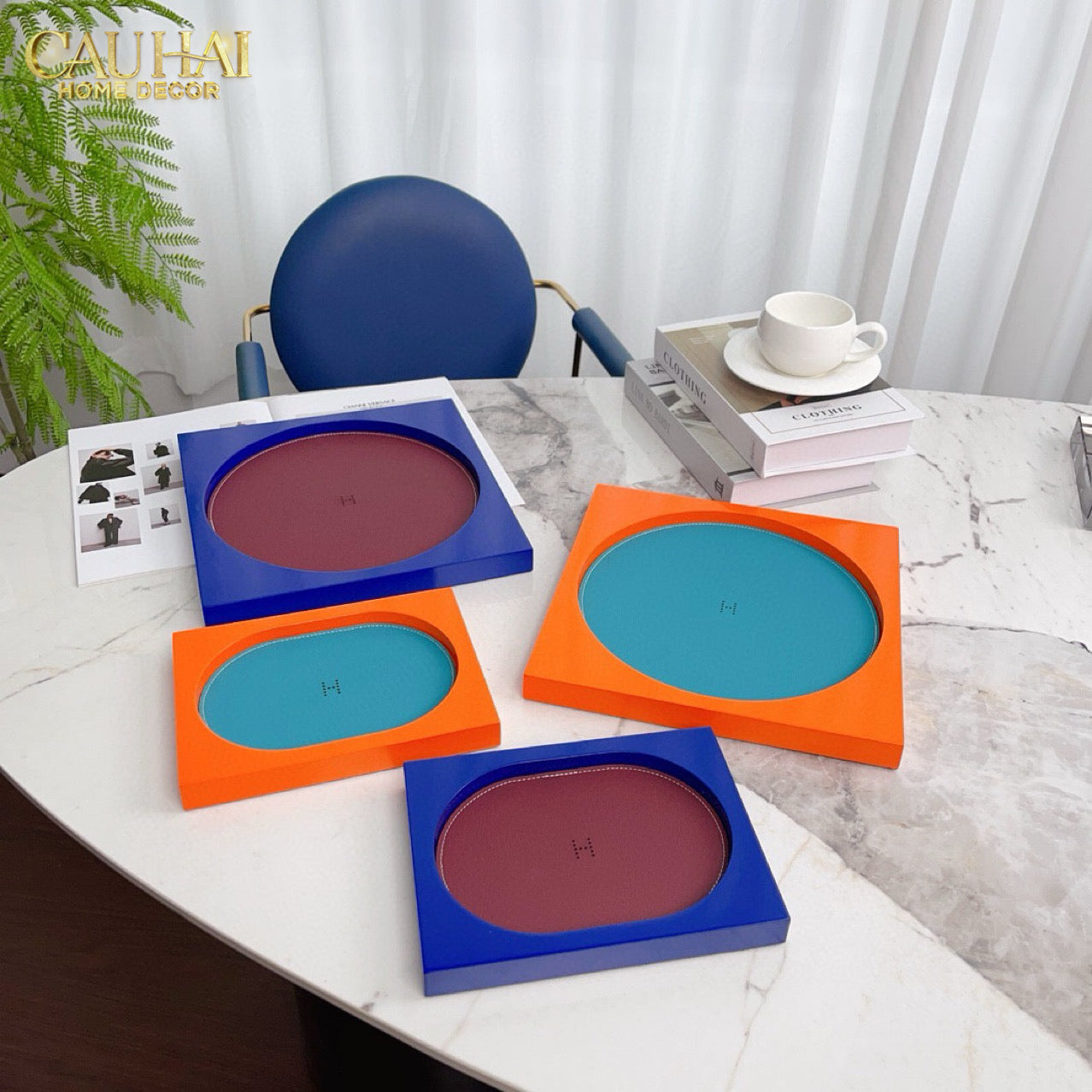 Maison Couture – Khay Chữ Nhật Gỗ Lót Da Équinoxe Cyan Helios-KHAY TRANG TRÍ-CẬU HAI HOME DECOR