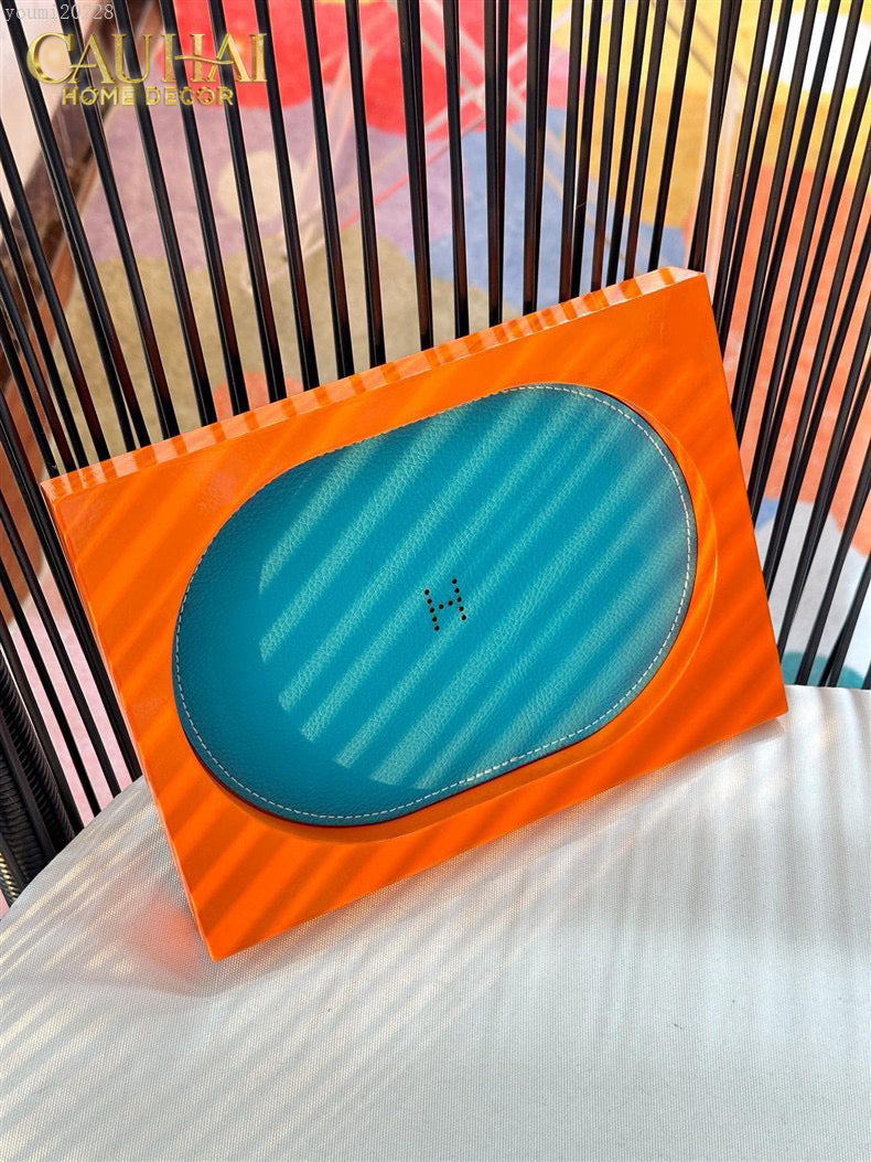 Maison Couture – Khay Chữ Nhật Gỗ Lót Da Équinoxe Cyan Helios-KHAY TRANG TRÍ-CẬU HAI HOME DECOR