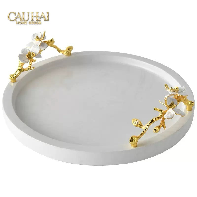Maison Couture - Khay Đá Marble Chữ Nhật Haute Orchid Golden Branches Decorative Trays 22x37-KHAY TRANG TRÍ-CẬU HAI HOME DECOR