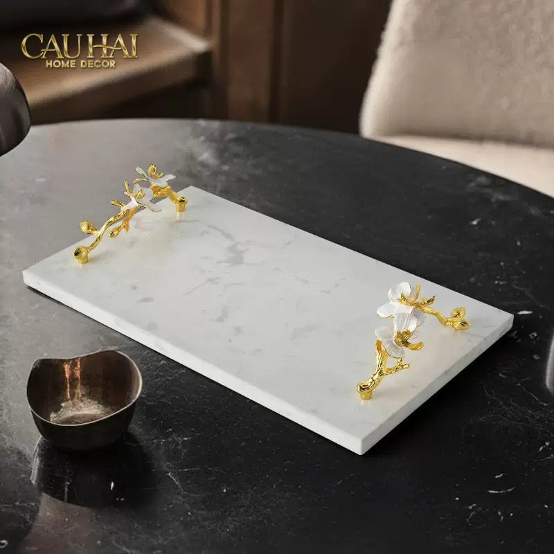 Maison Couture - Khay Đá Marble Chữ Nhật Haute Orchid Golden Branches Decorative Trays 22x37-KHAY TRANG TRÍ-CẬU HAI HOME DECOR
