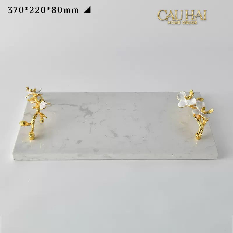 Maison Couture - Khay Đá Marble Chữ Nhật Haute Orchid Golden Branches Decorative Trays 22x37-KHAY TRANG TRÍ-CẬU HAI HOME DECOR