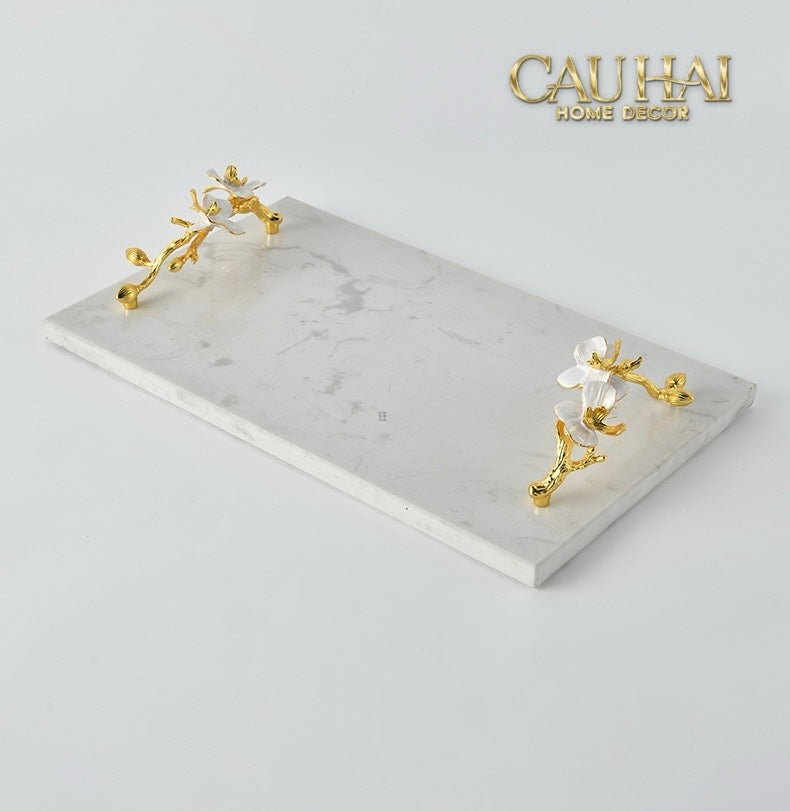 Maison Couture - Khay Đá Marble Chữ Nhật Haute Orchid Golden Branches Decorative Trays 22x37-KHAY TRANG TRÍ-CẬU HAI HOME DECOR