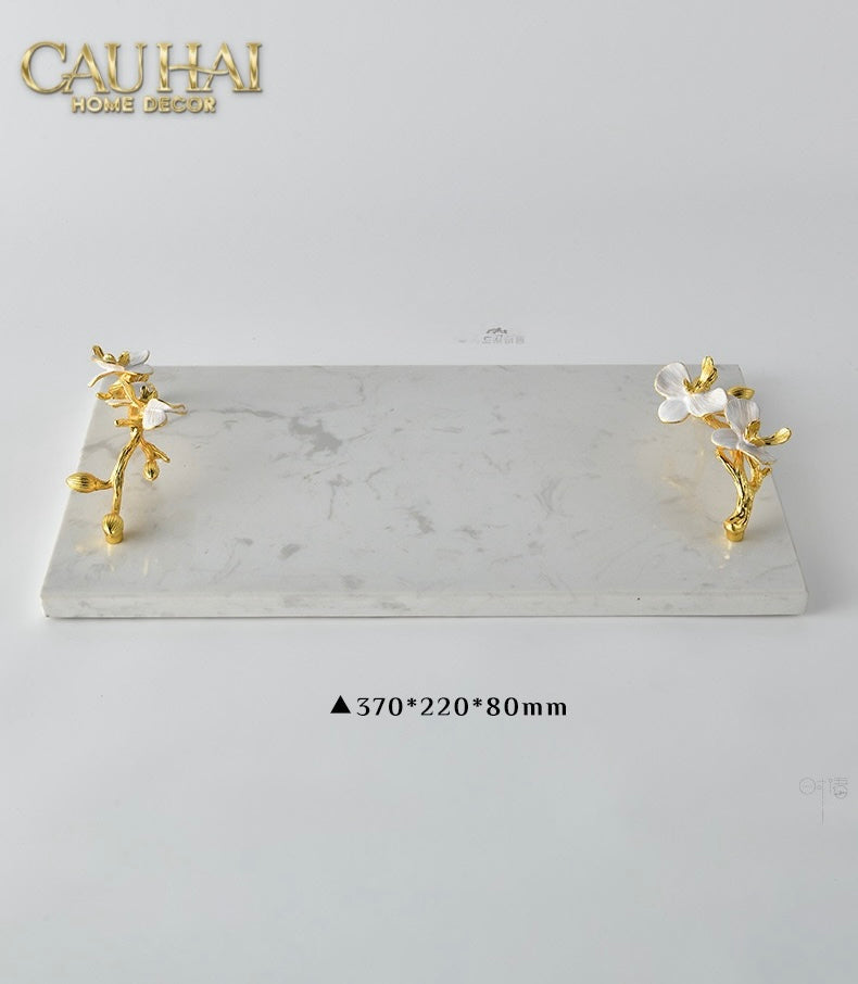 Maison Couture - Khay Đá Marble Chữ Nhật Haute Orchid Golden Branches Decorative Trays 22x37-KHAY TRANG TRÍ-CẬU HAI HOME DECOR