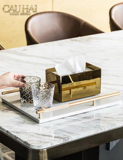 Maison Couture - Khay Đá Marble Chữ Nhật Pearl– Gold Ivory Handles 22×40-KHAY TRANG TRÍ-CẬU HAI HOME DECOR