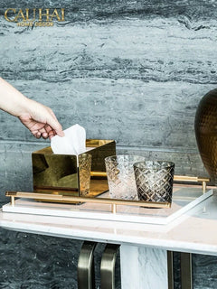Maison Couture - Khay Đá Marble Chữ Nhật Pearl– Gold Ivory Handles 22×40-KHAY TRANG TRÍ-CẬU HAI HOME DECOR
